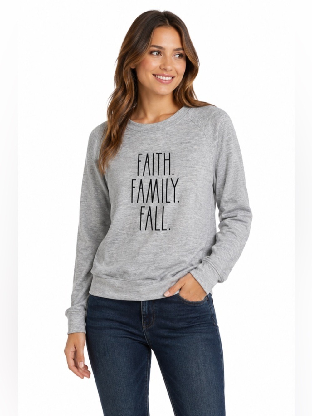 Rae Dunn Women's Grey Sweatshirt Faith Family Fall Oversized Fleece Size Small